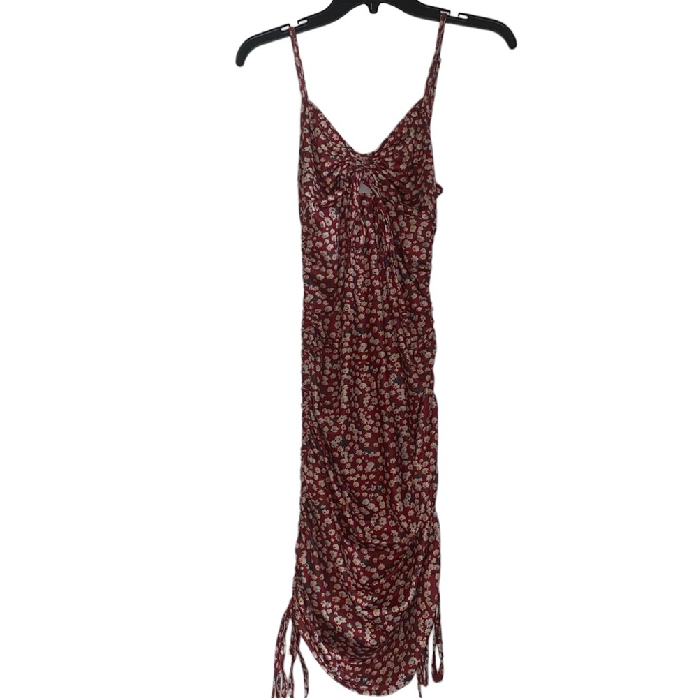 Red ruched dress with white flowers